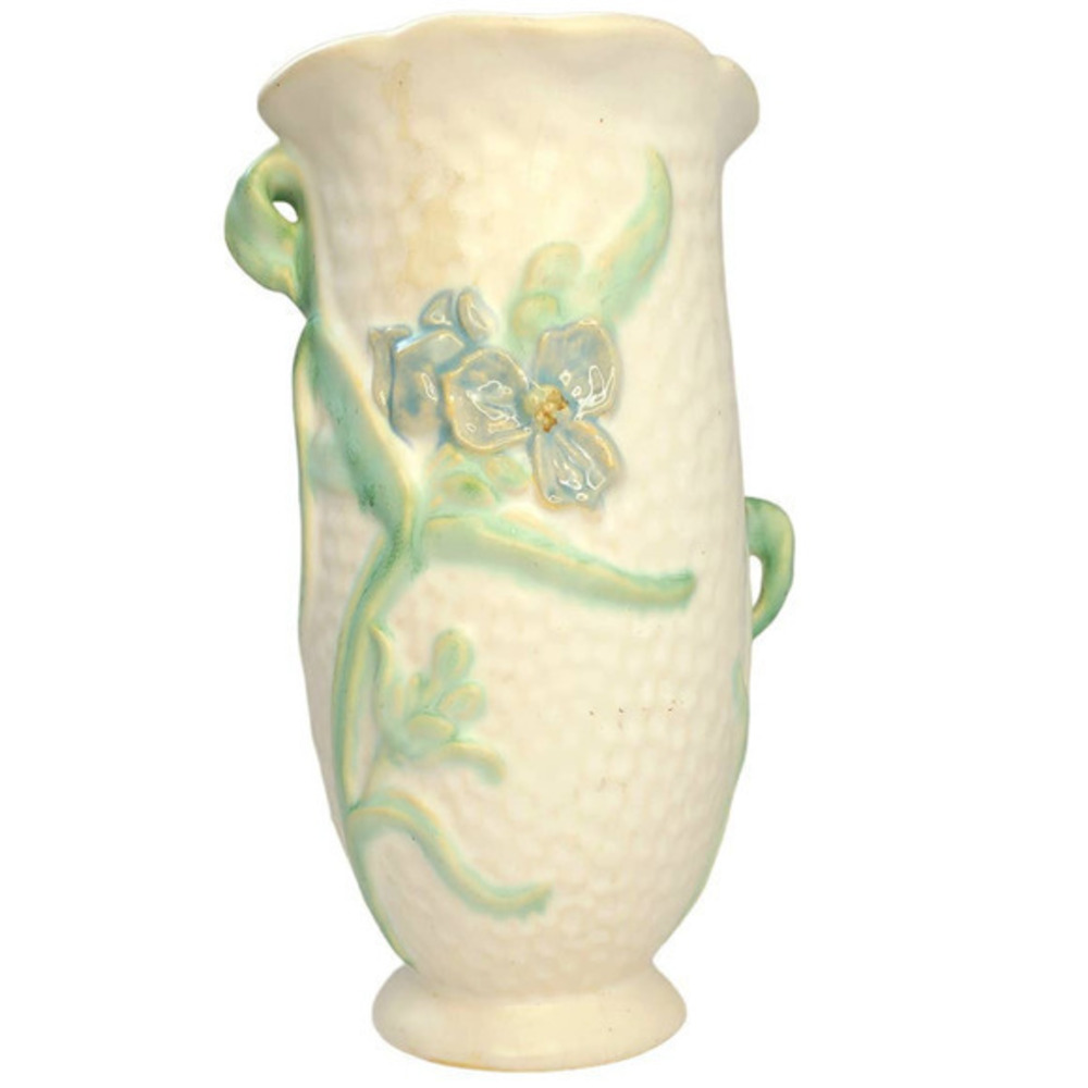 Vintage Weller 1930s  Delsa White Stippled Blue Flowers Cottage Mid Century Vase